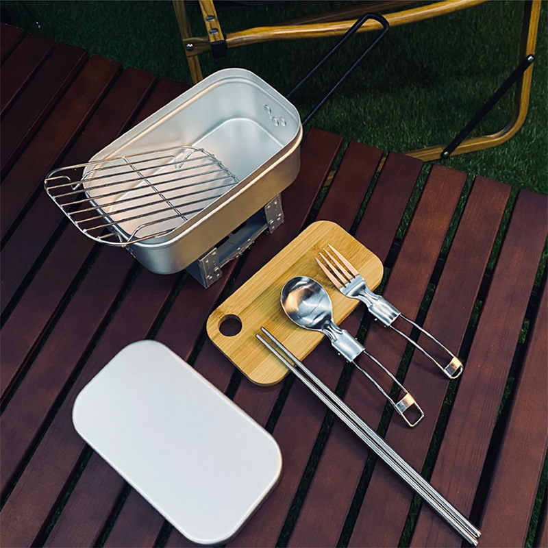 Durable Outdoor Tableware set The Camping Lunchbox Multifunctional Aluminum Lunch Box Portable Folding Heal Bento Box