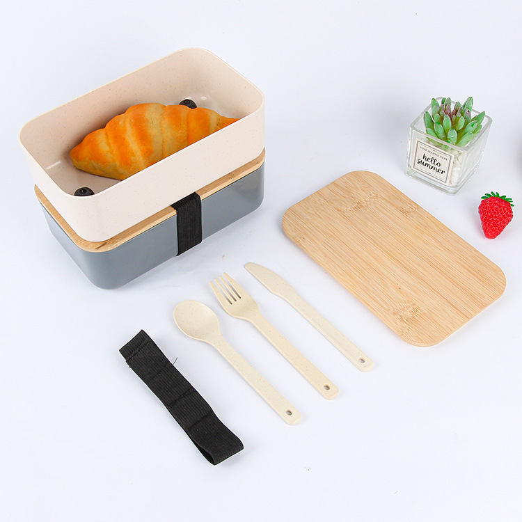 Wheat Straw Single Layer Lunchbox Bamboo Wood Lunch Box PP Student Office Workers With Compartments With Cute Tableware