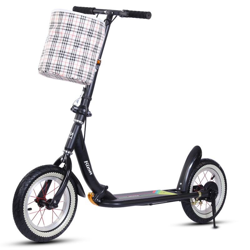 ROHS Youth Adult Foldable Two Wheel College Student Campus Kick Scooter With Handbrake Scooter With Adjustable Height for Kids and Teenagers With Basket