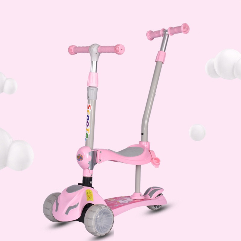 Three Wheel Children Rechargeable Foldable Enlarged Multifunctional 3 In 1 Baby Scooter With Pushrod Handbar